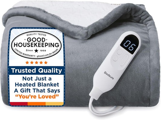 Bedsure Heated Blanket - Soft Flannel Electric Throw with 4 Time & 6 Heating Settings | 50"x60", Grey