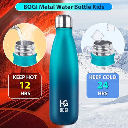 BOGI Insulated Water Bottle - 17oz Stainless Steel, Leak-Proof Design | Keeps Drinks Cold for 24 Hours, Hot for 12 Hours (Blue)