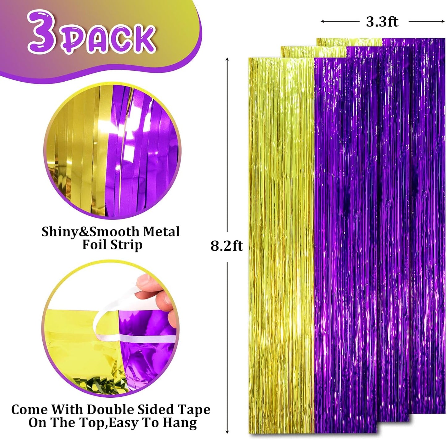 Voircoloria Purple and Gold Foil Fringe Backdrop Curtains - 3 Pack Tinsel Streamers for Parties