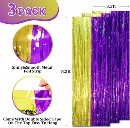Voircoloria Purple and Gold Foil Fringe Backdrop Curtains - 3 Pack Tinsel Streamers for Parties
