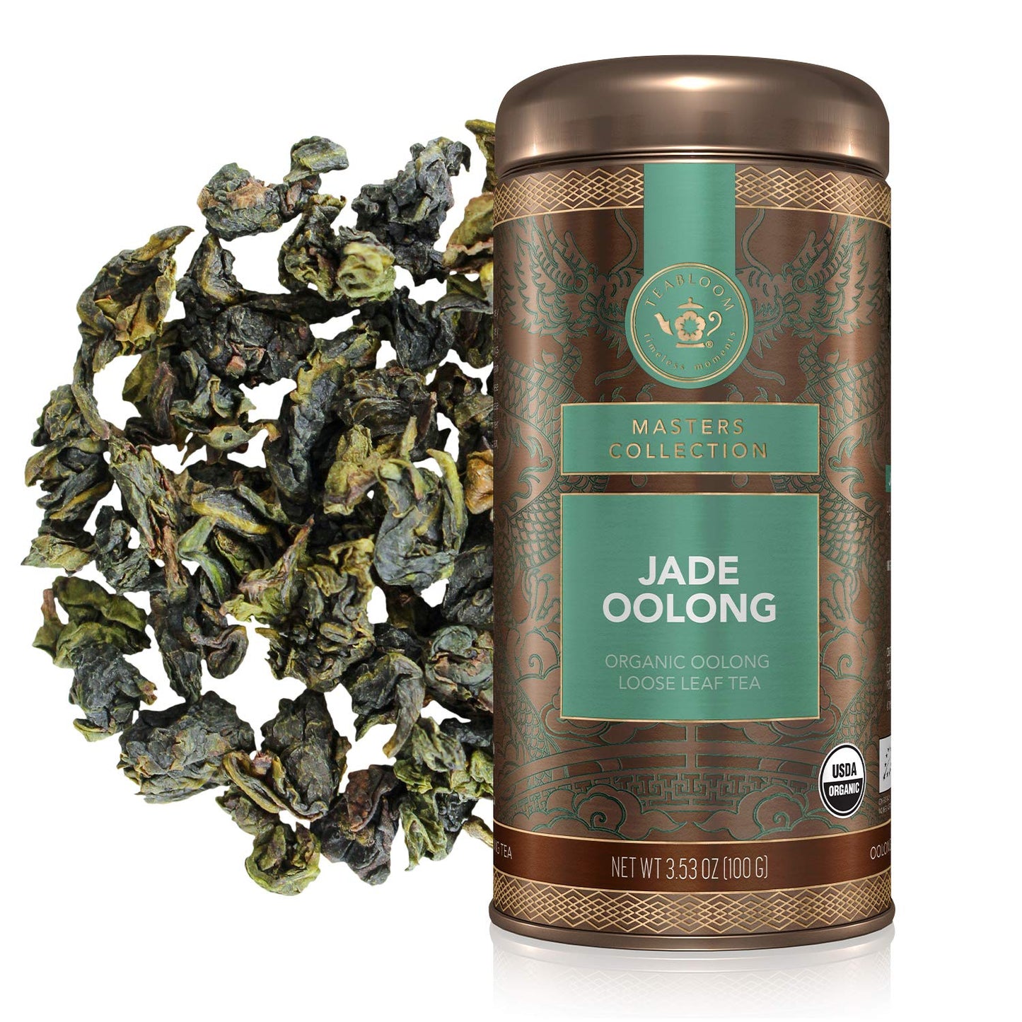 Teabloom Organic Jade Oolong Loose Leaf Tea, Rolled Leaves From High-Elevation Mountains, USDA Organic, Fresh Green-Floral Aroma and Flavor, 3.53 oz/100 g Canister Makes 35-50 Cups