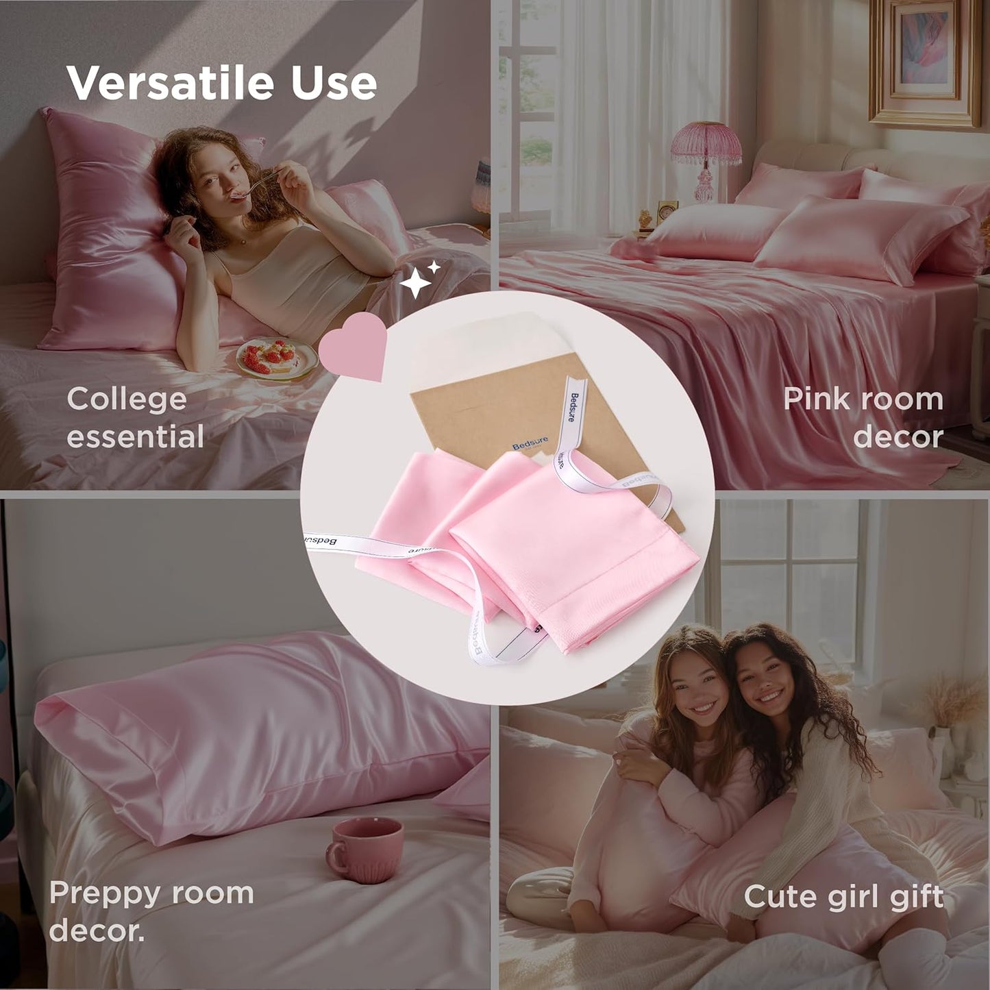 Bedsure King Size Satin Pillowcase Set - Pink Silky Pillow Cases for Hair & Skin, 20x36 Inches, 2-Pack