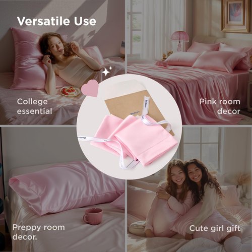 Bedsure Satin Pillowcase for Hair and Skin Queen, Similar to Silk Pillow Cases, Valentine Pillow Covers Set of 2 with Envelope Closure, Pink Room Decor Essentials, Gifts for Women Girls 20x30 Inches