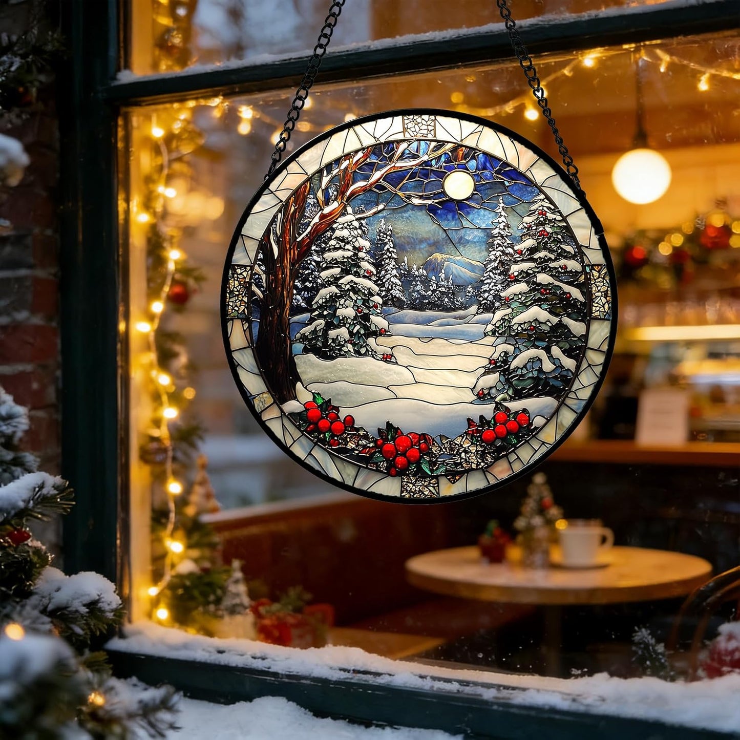 DASTOLL Stained Glass Window Hanging - Winter Snow Night Scenery Suncatcher | 7.8" Home Decor Gift for All