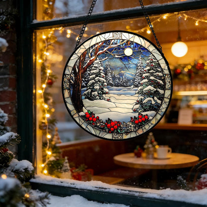 DASTOLL Stained Glass Window Hanging - Winter Snow Night Scenery Suncatcher | 7.8" Home Decor Gift for All