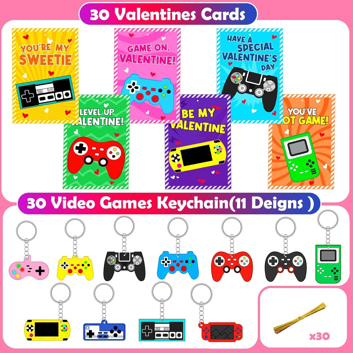 Skiennix Valentine's Day Cards - 30pcs Kids Video Game Keychains | Perfect Classroom Exchange Gifts