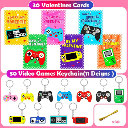 Skiennix Valentine's Day Cards - 30pcs Kids Video Game Keychains | Perfect Classroom Exchange Gifts