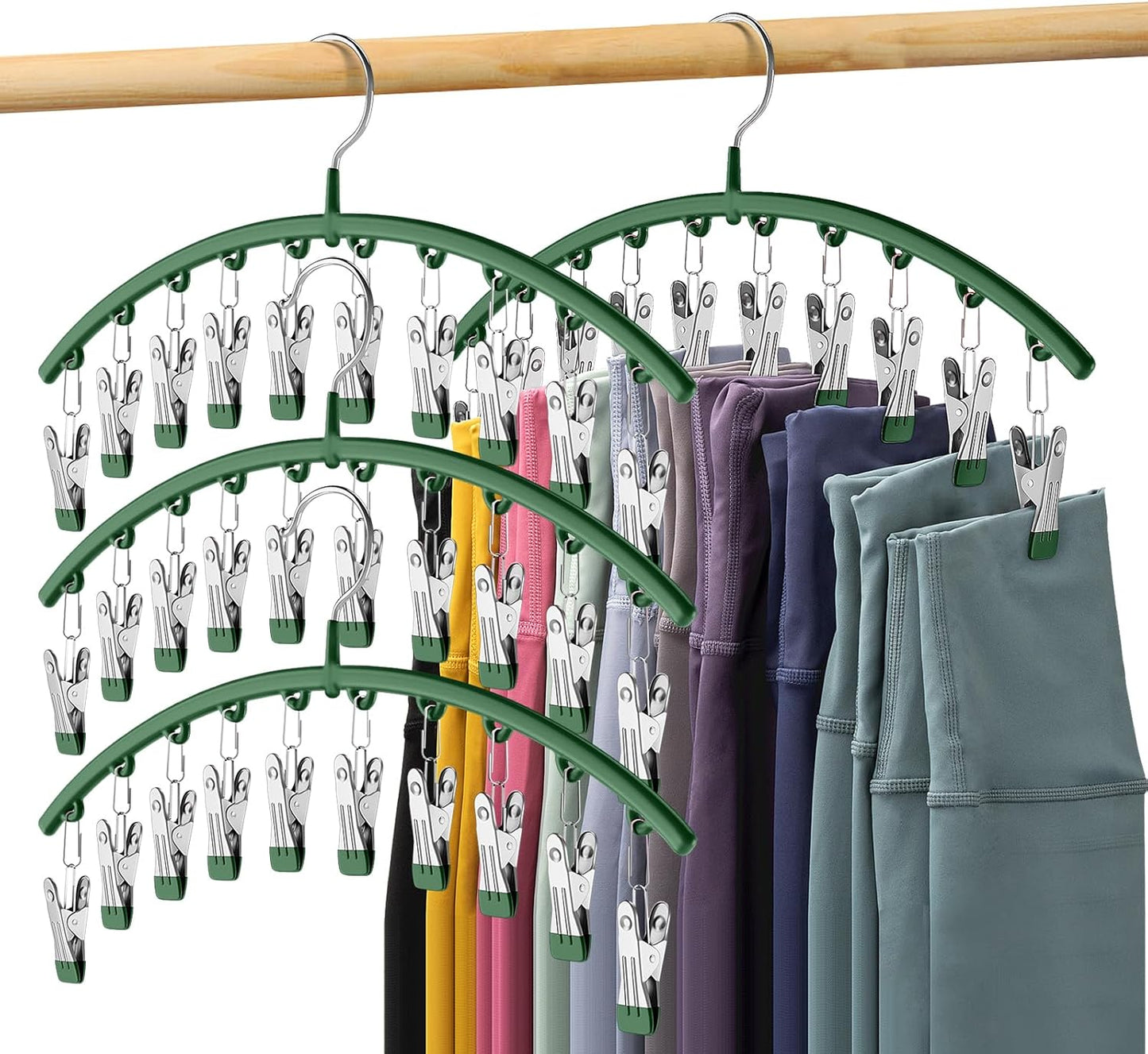 Skiennix Legging Organizer - Metal Yoga Pants Hangers with 10 Clips | Space-Saving Closet Storage, Green
