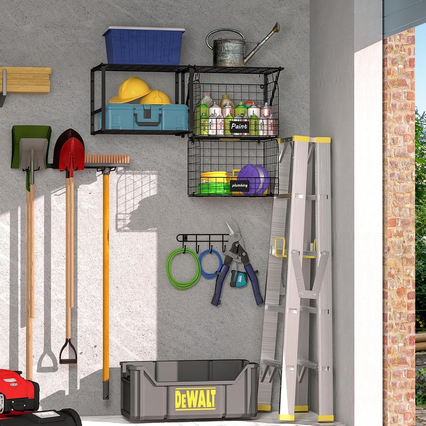 ThreeHio Garage Shelf - Heavy Duty Wall Mounted Storage with Wire Baskets & Tool Rack | Organizer for Home & Garden