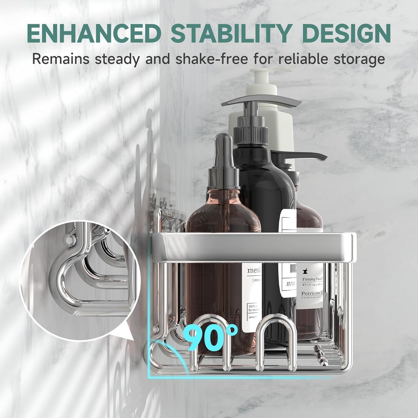 Veken Adhesive Shower Caddy - Heavy-Duty Wall-Mounted Organizer with Soap Dish & Toothbrush Holder | Silver 5-Pack
