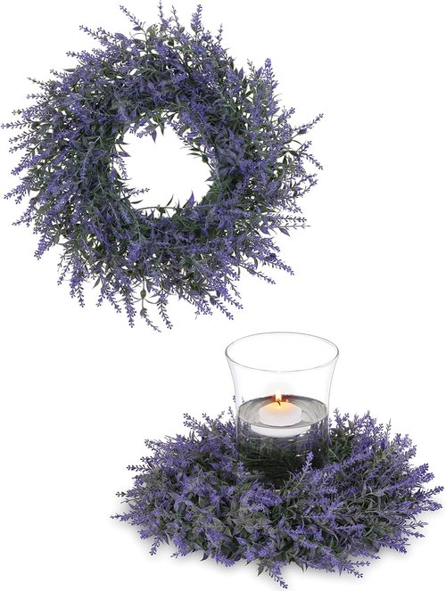 BLOSMON Lavender Centerpieces Wreaths - 2pcs 13 Inch Purple Artificial Flower Candle Rings for Wedding Decor