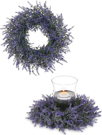 BLOSMON Lavender Centerpieces Wreaths - 2pcs 13 Inch Purple Artificial Flower Candle Rings for Wedding Decor