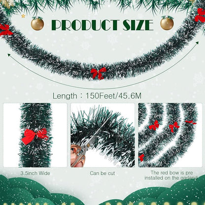 150ft Christmas Tinsel Garland with 114 Red Bows - Dark Green, Variation: Dark Green+114+150ft