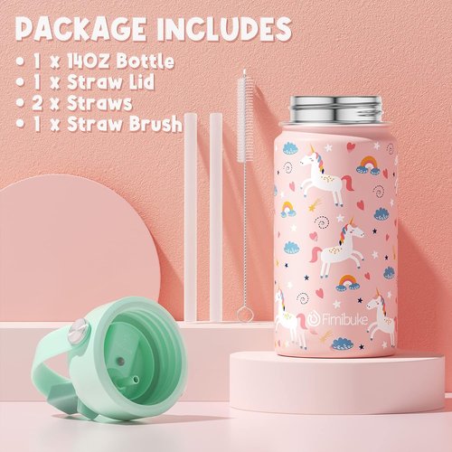 Fimibuke Kids Insulated Water Bottle - 14oz BPA-Free Stainless Steel Tumbler | Leak-Proof Unicorn Design