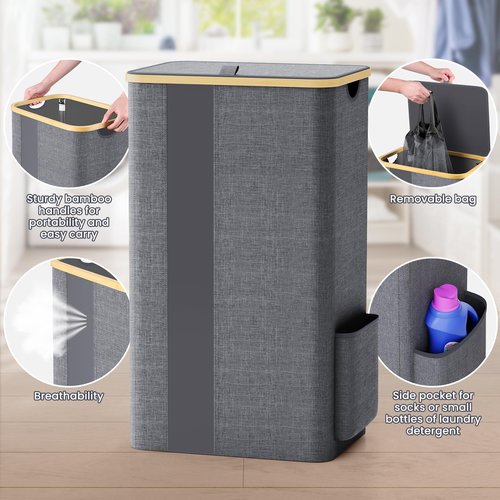 BlissTotes Laundry Basket with Lid, 100L Clothes Laundry Hamper with Handles and Removable Laundry Bag, Breathable Design Hamper with Lid for Bedroom, Bathroom, Dorm, Laundry Room - Light Grey