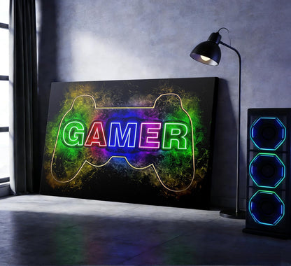 Skiennix Colorful Neon Gamepad Canvas Wall Art - Vibrant Video Gamer Poster for Teen Boys Room | 12 x 16 Inch