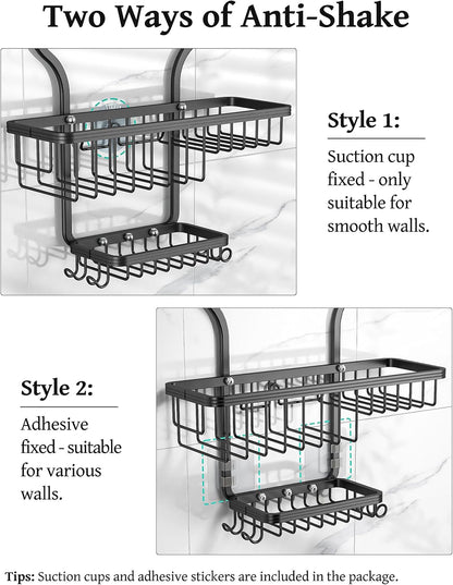 YASONIC Shower Caddy - Large Aluminum Over Shower Head Organizer with 10 Hooks & Soap Basket | Black