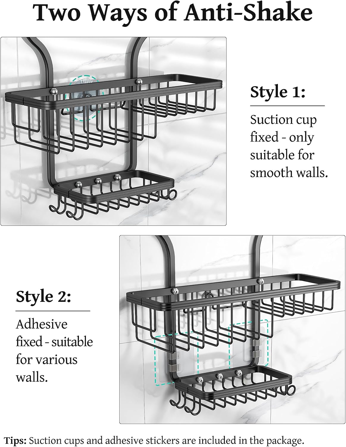 YASONIC Shower Caddy - Large Rust-Proof Aluminum Over Shower Head Organizer with 10 Hooks - Black
