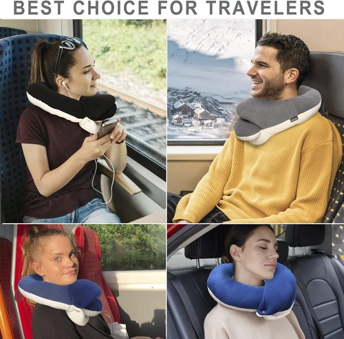 BUYUE Travel Neck Pillow - 360° Head Support for Comfortable Long Flights | Includes Eye Mask, Earplugs & Storage Bag (Navy)