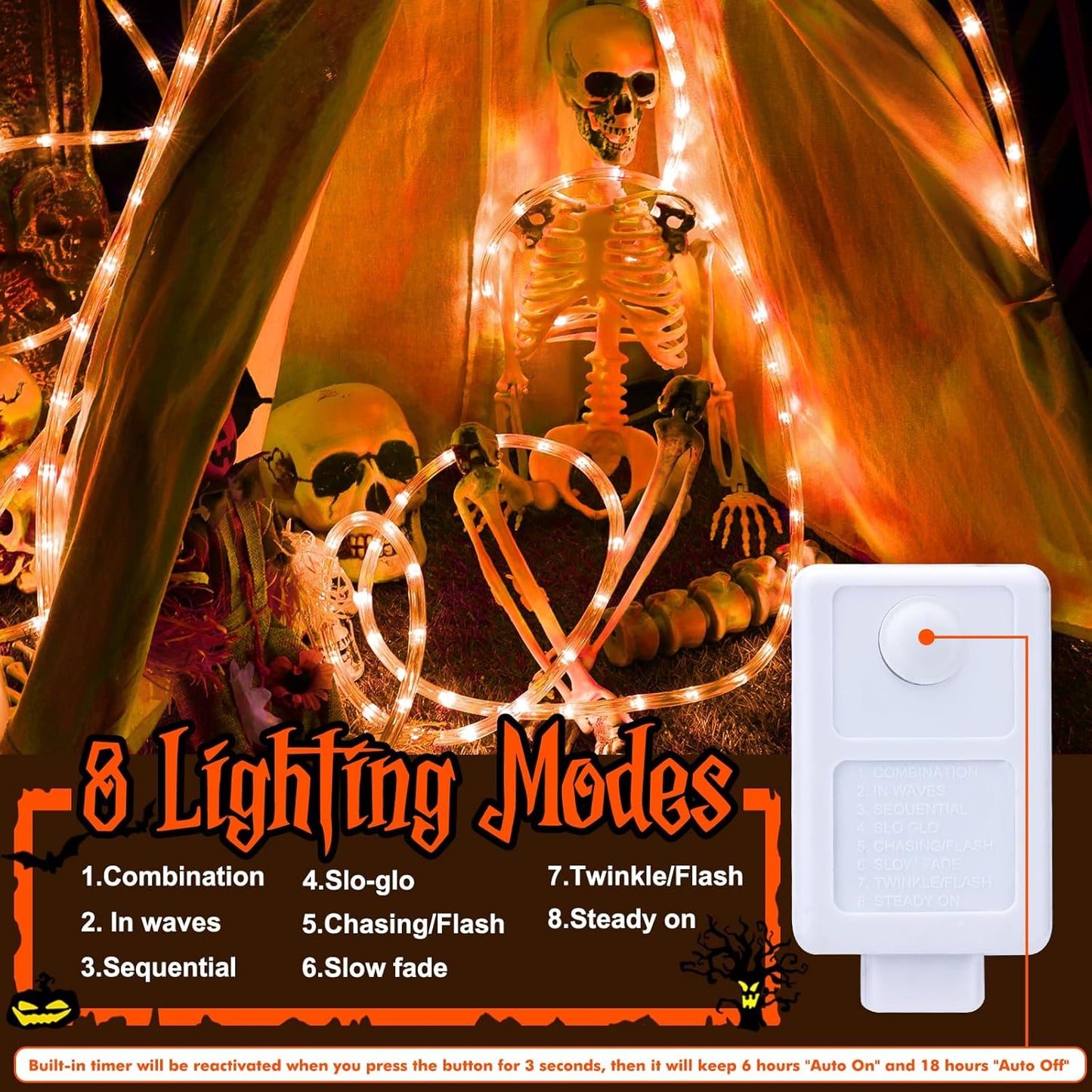 Skiennix 100ft LED Rope Lights - Waterproof & Flexible Tube Lighting with 8 Modes | Orange for Outdoor Decor