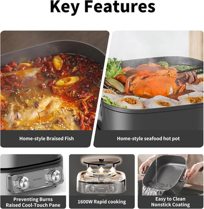 Skiennix 6-Quart Electric Skillet - Non-Stick Ceramic Coated, 1600W with Timer & 3 Power Settings