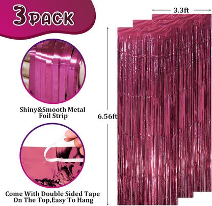 Voircoloria Foil Fringe Backdrop Curtains - 3 Pack Burgundy Tinsel Streamers for Parties | 3.3 x 8.2 ft