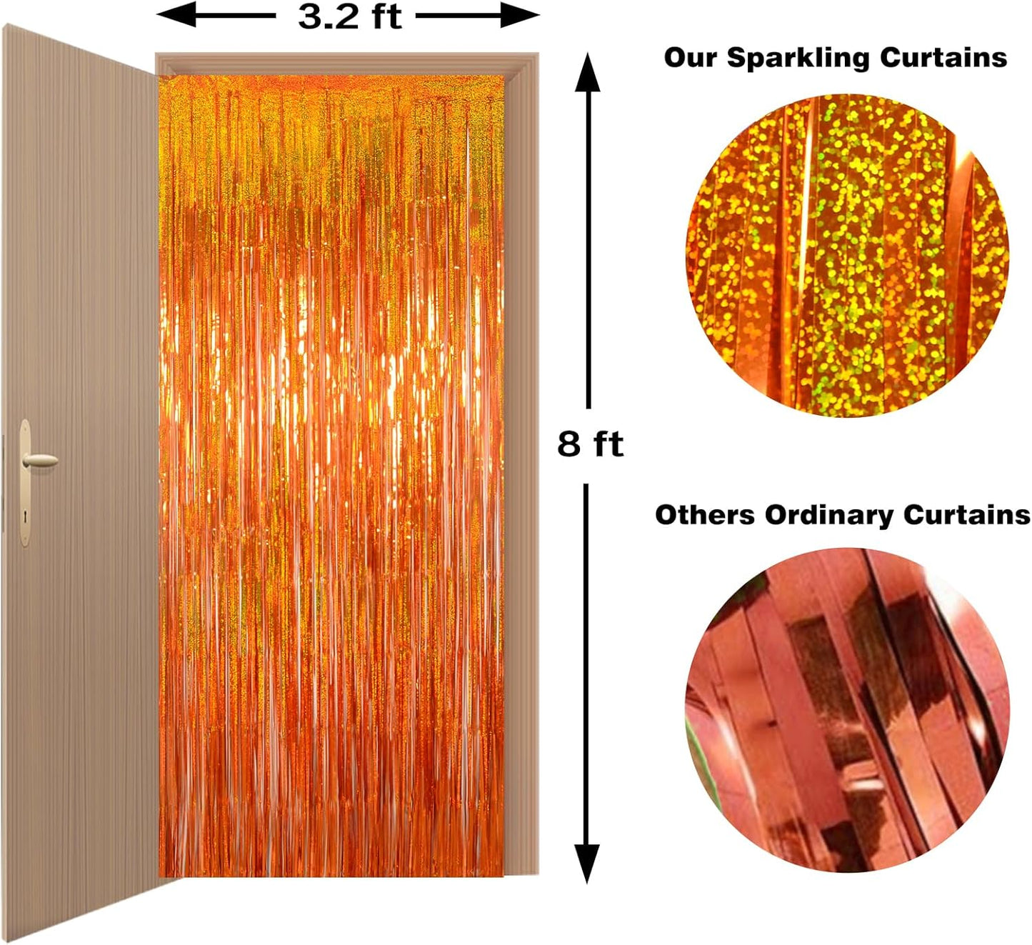 Melsan Tinsel Fringe Curtain - Upgraded Thicker Metallic Streamers | 3 Pack, 3.2 x 8.2 ft, Orange for Parties