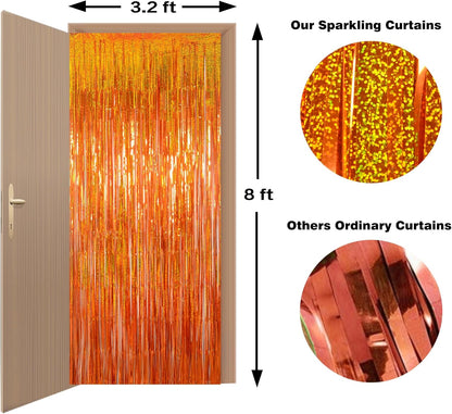 Melsan Tinsel Fringe Curtain - Upgraded Thicker Metallic Streamers | 3 Pack, 3.2 x 8.2 ft, Orange for Parties