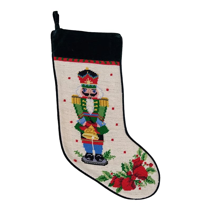 Green Nutcracker Stocking with Bell - Needlepoint Wool & Velvet 11 x 18 inches