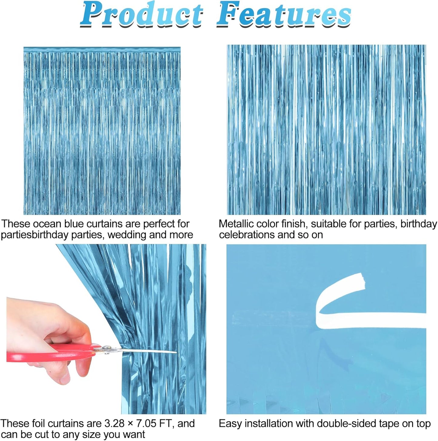 Regine Switzerland Fringe Backdrop - Metallic Ocean Blue Foil Curtains | 3.28 FT x 7.05 FT Party Decorations