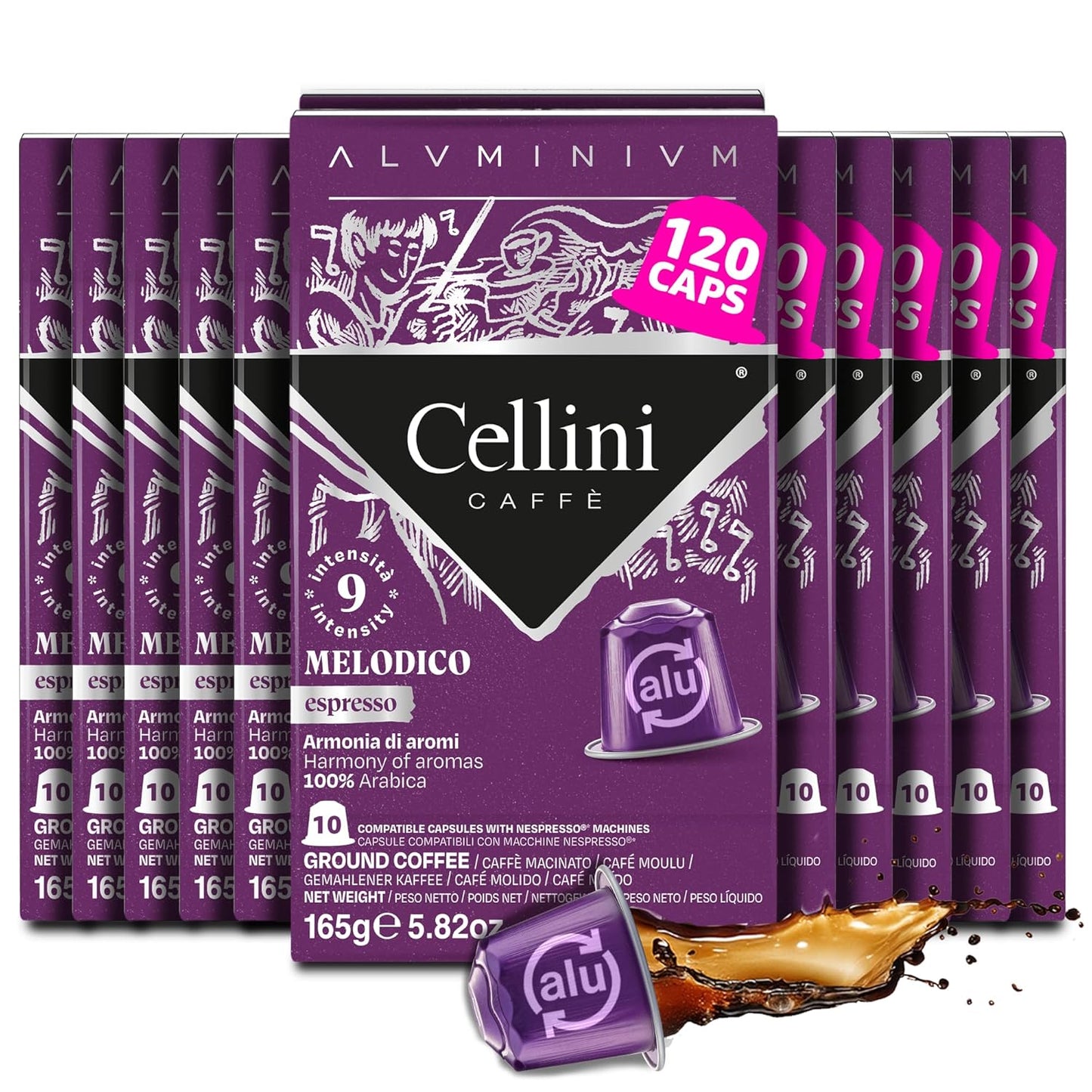 Cellini Caffè Melodico Dark Roast Coffee Capsules - 120 Count Aluminum Nespresso Pods | 100% Compatible
