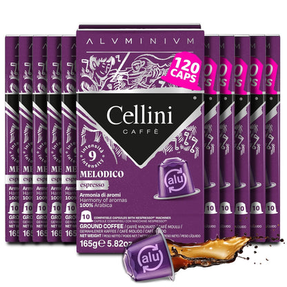 Cellini Caffè Melodico Dark Roast Coffee Capsules - 120 Count Aluminum Nespresso Pods | 100% Compatible