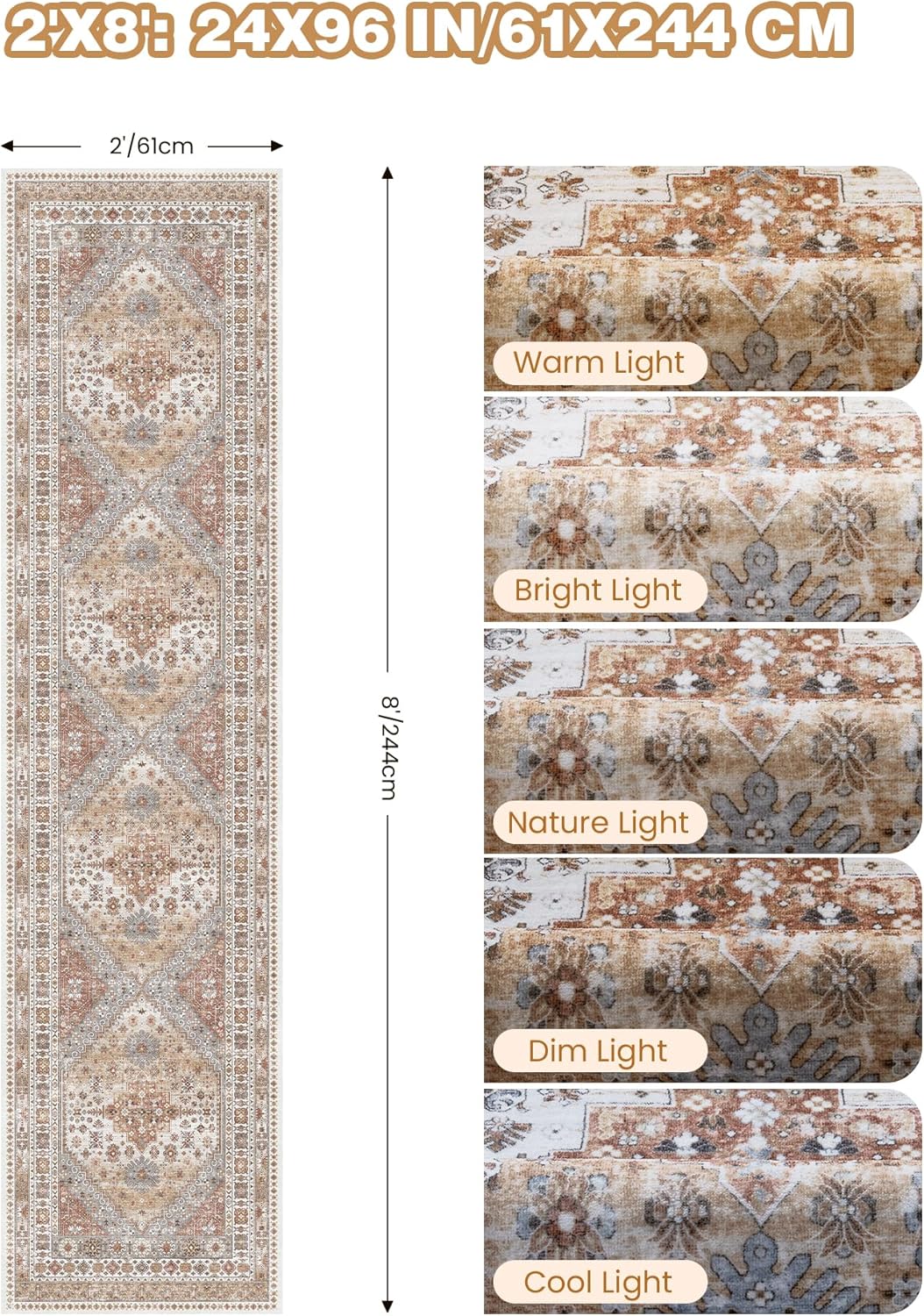 Skiennix Runner Rug - Non-Slip Vintage Hallway Runner | Washable 2x8 Soft Rug in Orange