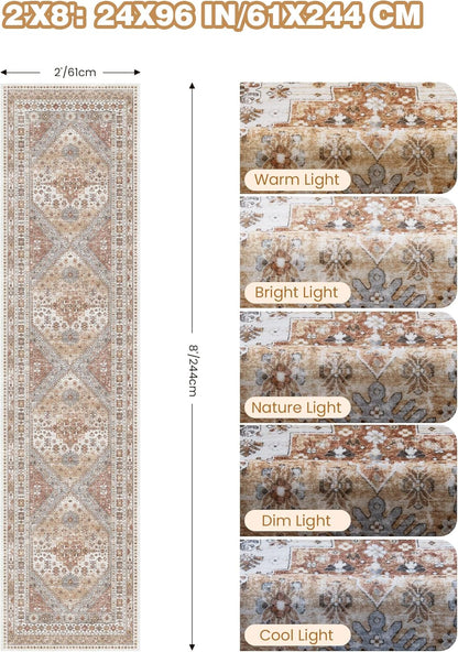 Skiennix Runner Rug - Non-Slip Vintage Hallway Runner | Washable 2x8 Soft Rug in Orange