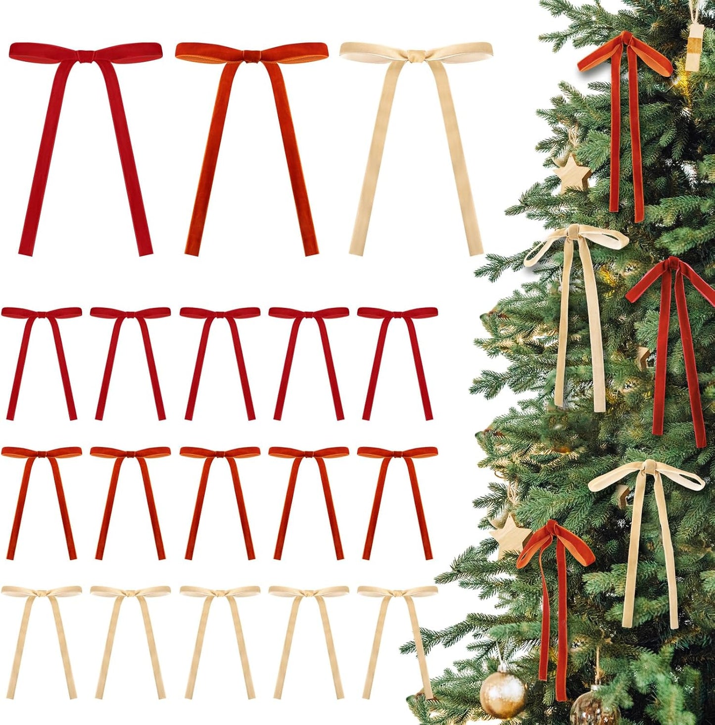 Skiennix Velvet Bows | 24 Pcs Terracotta & Camel Christmas Tree Ornaments | 5x7 Inch Decor