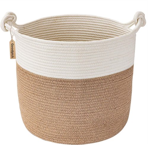 Goodpick Cotton Rope Storage Basket - 15 x 14.2 Inches | Jute Woven Organizer for Blankets & Toys, White