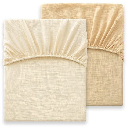 Bailix Heavyweight Muslin Baby Crib Sheets - 2PCS 52"x28" Neutral Fitted Crib Sheets for Boys Girls, Breathable Soft 100% Organic Cotton Standard Baby Mattress Sheet (Cream, Coffee)