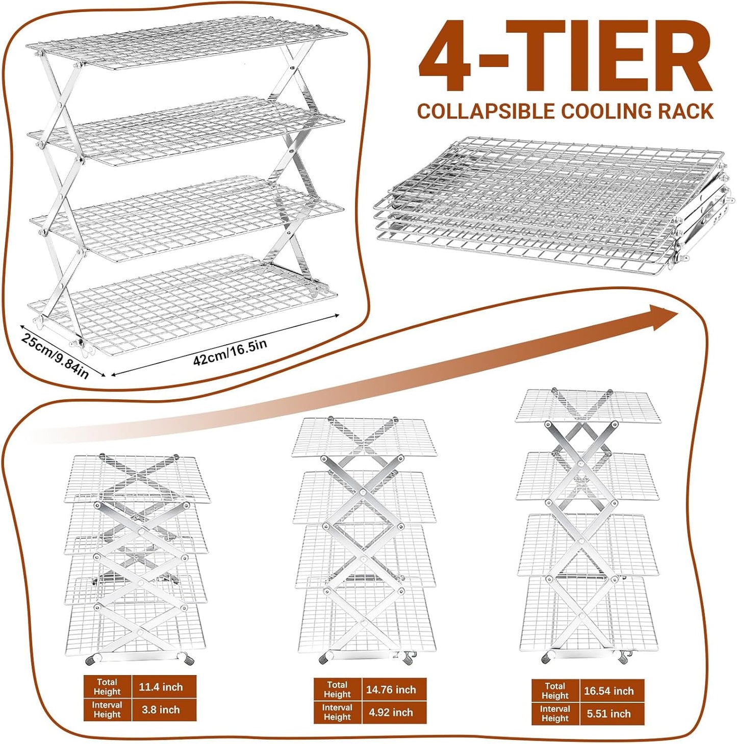 4 Tier Collapsible Cooling Rack - Adjustable Stainless Steel Baking Rack with Leak-Proof Mesh | Perfect for Cooking, Baking & Grilling