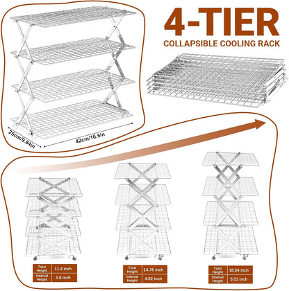 4 Tier Collapsible Cooling Rack - Adjustable Stainless Steel Baking Rack with Leak-Proof Mesh | Perfect for Cooking, Baking & Grilling