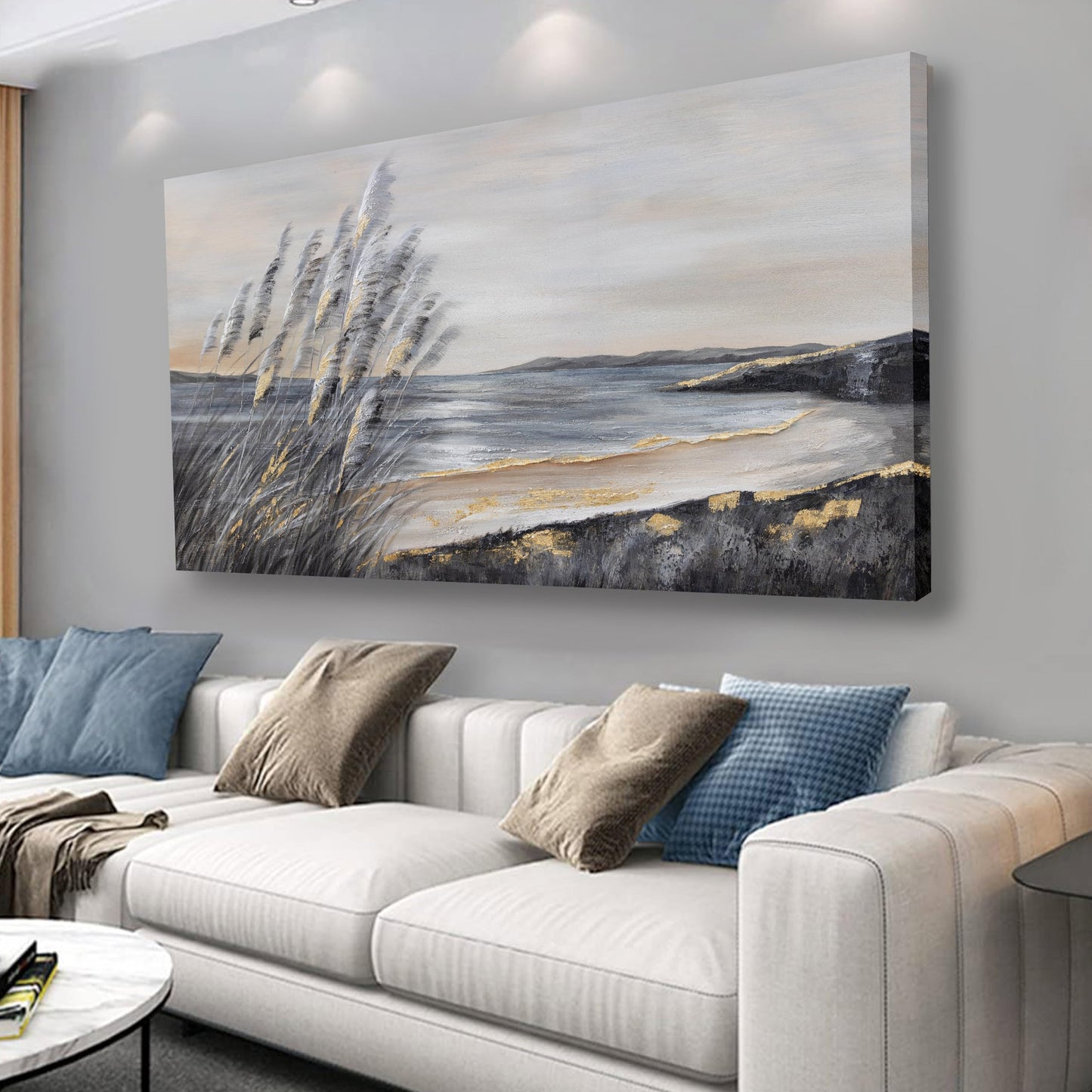 Yuaxker Ocean Wall Art Grey and Gold Ocean Art Canvas Painting Prints for Wall Decor Aesthetic for Living Room, Bedroom, Dining Room Office Home Artwork 20x40 inch