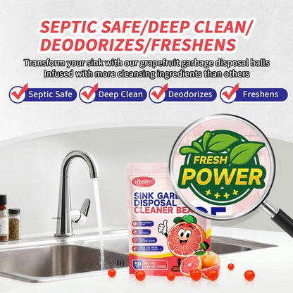 ifbaby 50 Count Garbage Disposal Cleaner and Deodorizer – Sink Odor Eliminator, New Powerful Grapefruit Zest Scented Kitchen Sink Freshener Pods& Drain Odor Eliminator Disposer Care Balls