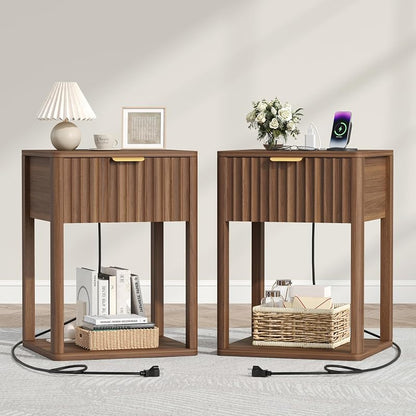 Nightstand Set 2 with Charging Station - Walnut Fluted Bedside Tables
