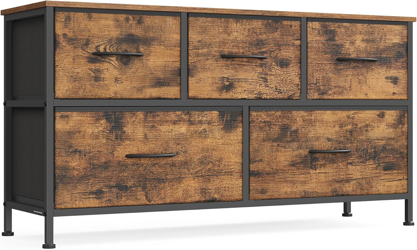 SONGMICS Dresser - 5-Drawer Storage Organizer Unit in Rustic Brown & Ink Black | Steel & MDF Construction