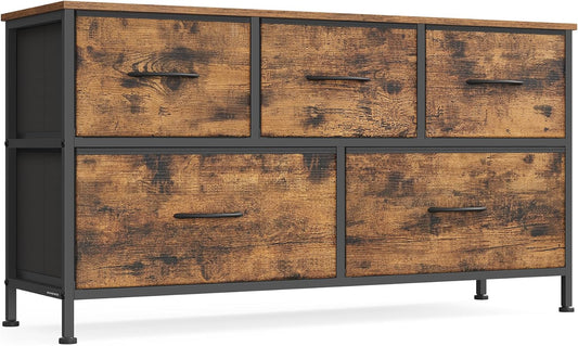 SONGMICS Dresser - 5-Drawer Storage Organizer Unit in Rustic Brown & Ink Black | Steel & MDF Construction