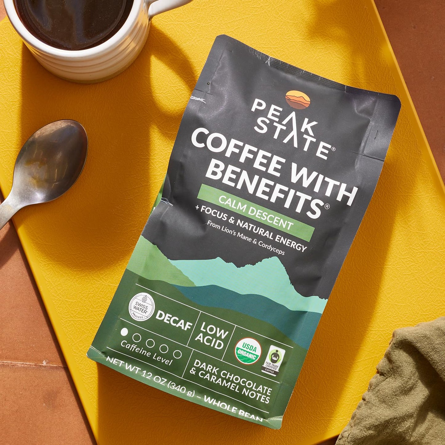 Peak State Coffee with Benefits - Organic Decaf Coffee Beans - CALM DESCENT Swiss Water Process Decaf with Lion's Mane & Cordyceps - Mushroom Coffee Decaf - Organic- Mold Free, Pesticide Free, Non-GMO, Low Acid (12 oz, Whole Bean - $1.13/cup)