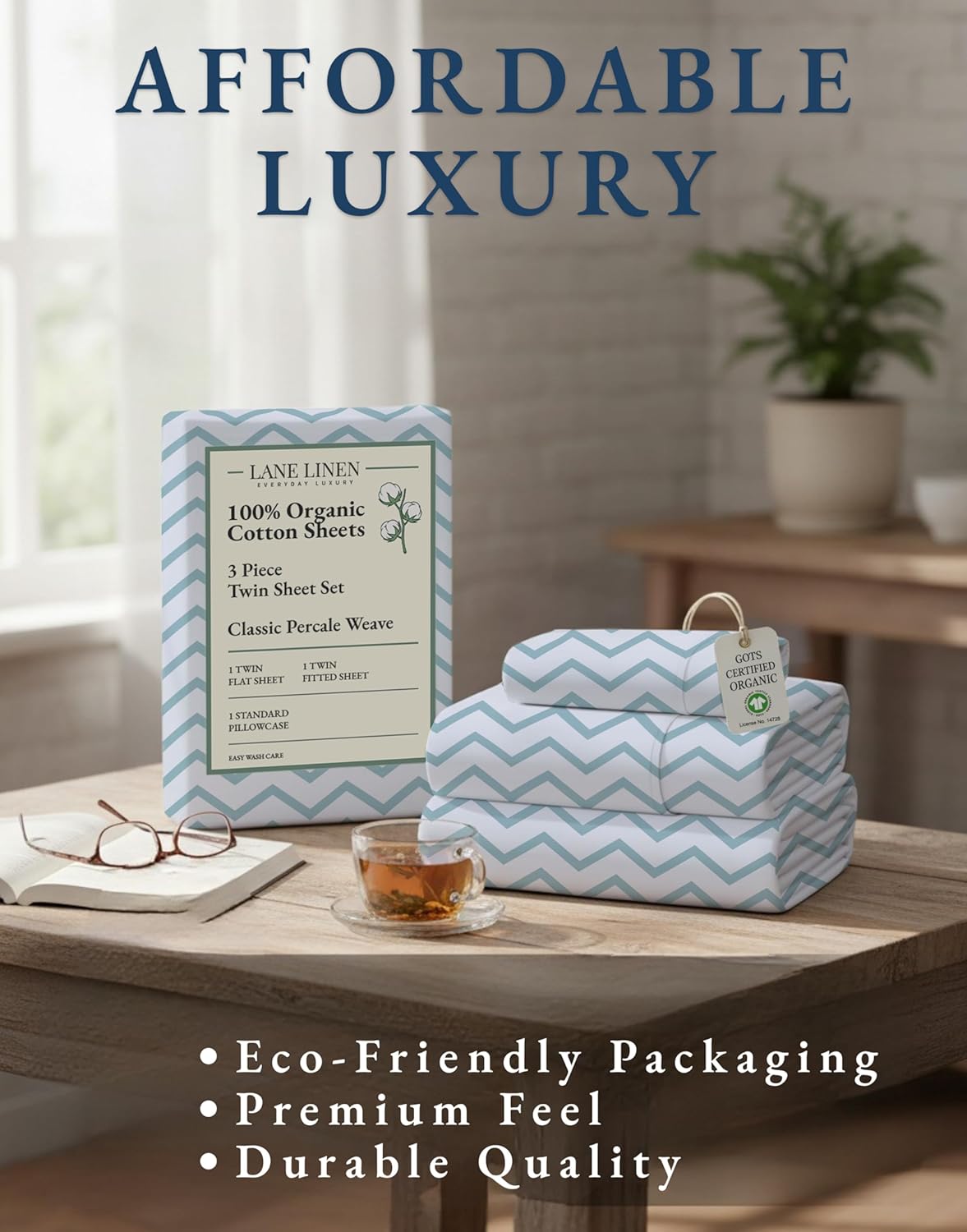 **LANE LINEN Organic Cotton Twin Bed Sheets - Naturally Cooling, Fully Elasticized, Eco-Friendly Chevron Design**