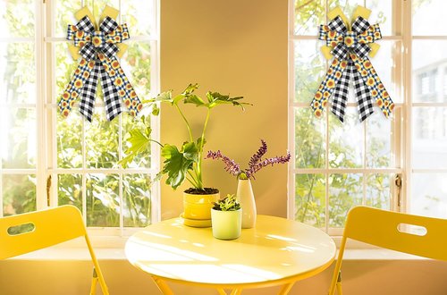 ABTOLS Large Spring Bows - Black & White Buffalo Plaid | Yellow Floral Wreath Decor for Indoor & Outdoor Use