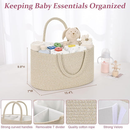 Skiennix 19L Baby Diaper Caddy Organizer - Cotton Rope Storage Basket with Removable Divider, Perfect for Nursery & Baby Showers