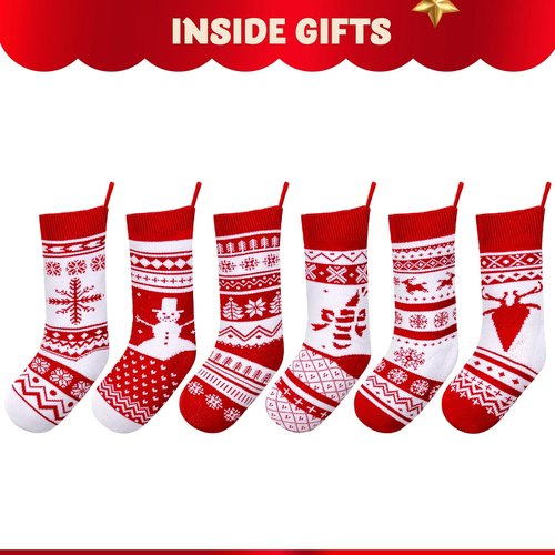 JOYIN 6 Pack Christmas Knit Stockings - Large Rustic Yarn Design with Snowflakes & Reindeer for Holiday Decor