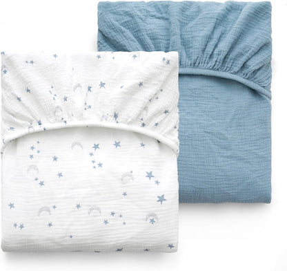 Momcozy Fitted Crib Sheets - Soft Breathable Natural Cotton, 2 Pack, 52"x28", Blue Star Moon Design
